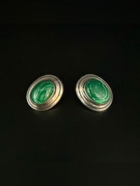 Malachite & 925 Silver. Oval Ribbed Clip Earrings.Stone’s Rich Green WavyPattern